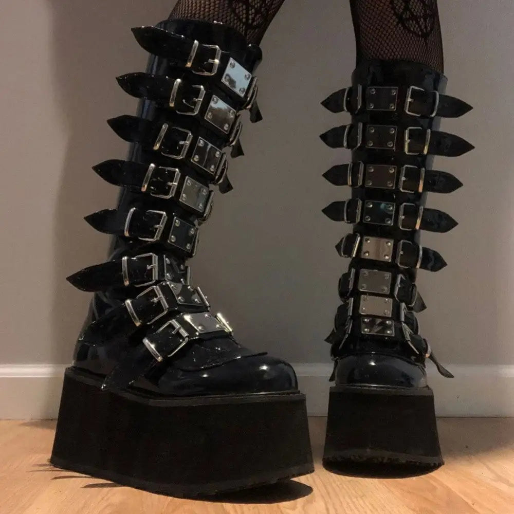 Gothic Square Heel Round Toe Knee Booties - Black / 4