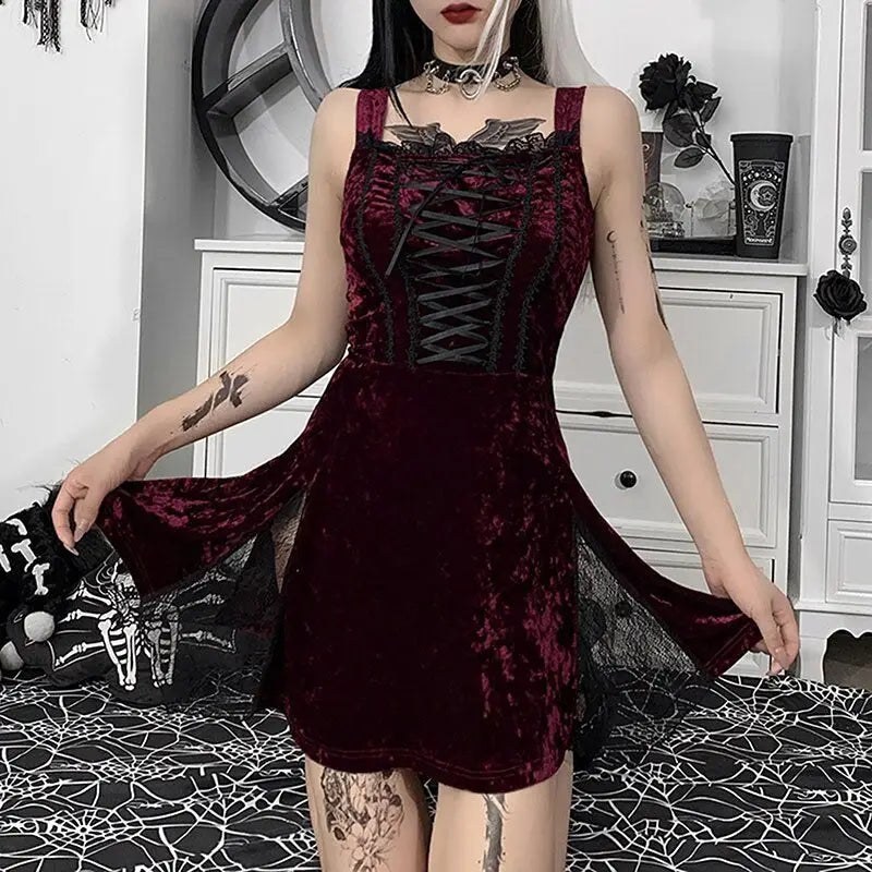 Gothic Square Neck Lace Stitching Short Dress
