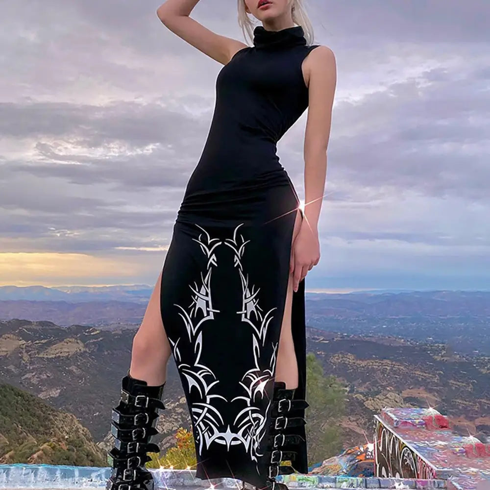 Gothic Style Sleeveless High Split Turtleneck Long Dress