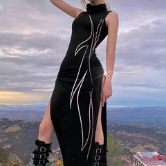 Gothic Style Sleeveless High Split Turtleneck Long Dress