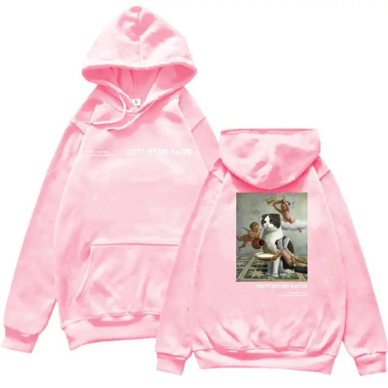 Gott Ist Die Katze Angels and Cat Graphic Hoodie Pink2 / L