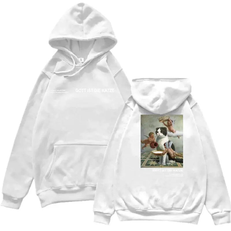 Gott Ist Die Katze Angels and Cat Graphic Hoodie White2 / S
