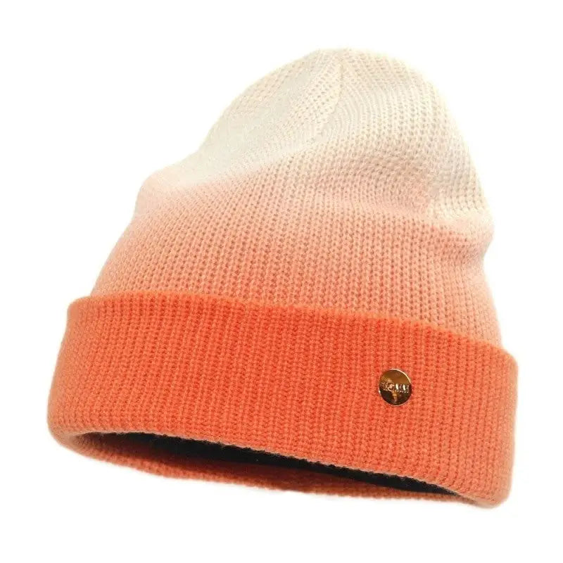Gradient Color Soft Knitted Beanie for Winter Orange-White