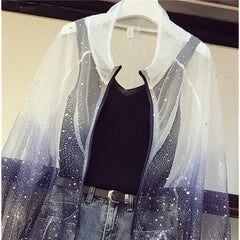 Gradient Star Sunscreen Mesh Shirt and Denim Short Set