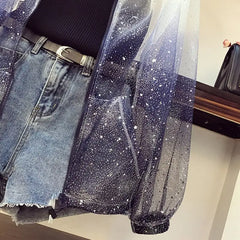 Gradient Star Sunscreen Mesh Shirt and Denim Short Set