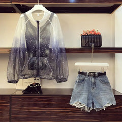 Gradient Star Sunscreen Mesh Shirt, Solid Top & Denim Short