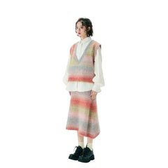 Gradients Color Stripe V-Neck Vest Knit Half Skirt - 2