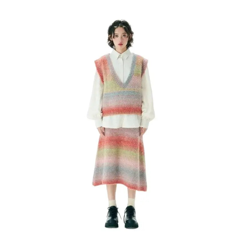 Gradients Color Stripe V-Neck Vest Knit Half Skirt - Pink