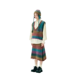 Gradients Color Stripe V-Neck Vest Knit Half Skirt - Purple