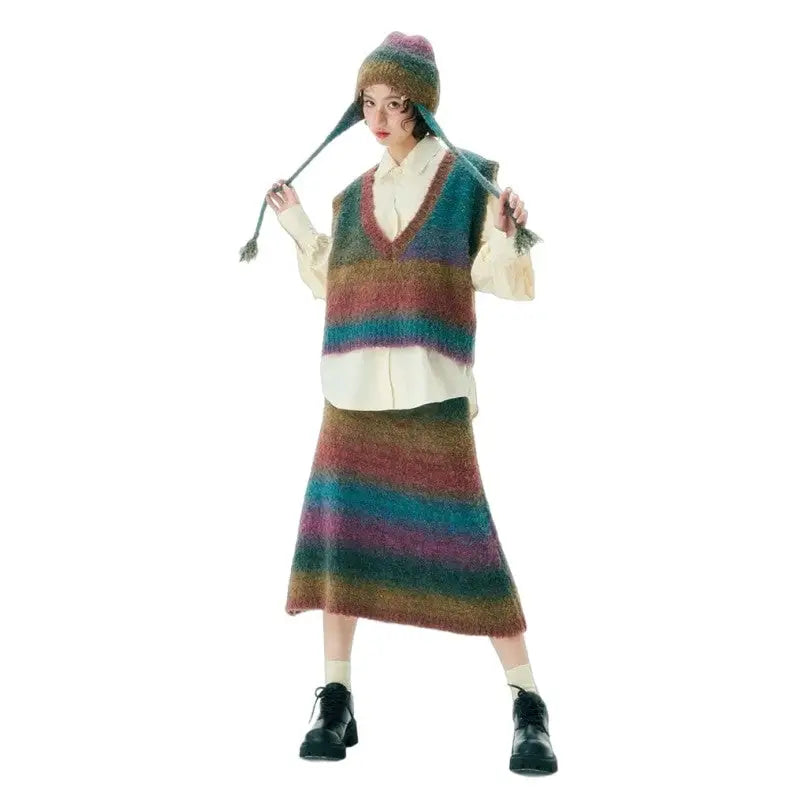 Gradients Color Stripe Vest Knit Half Skirt