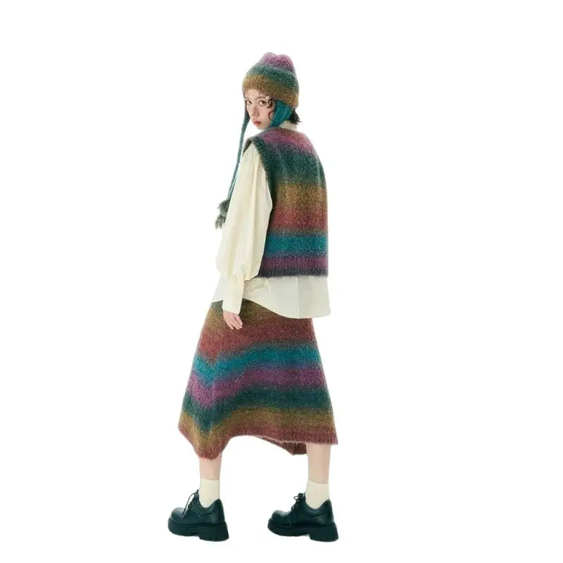 Gradients Color Stripe Vest Knit Half Skirt