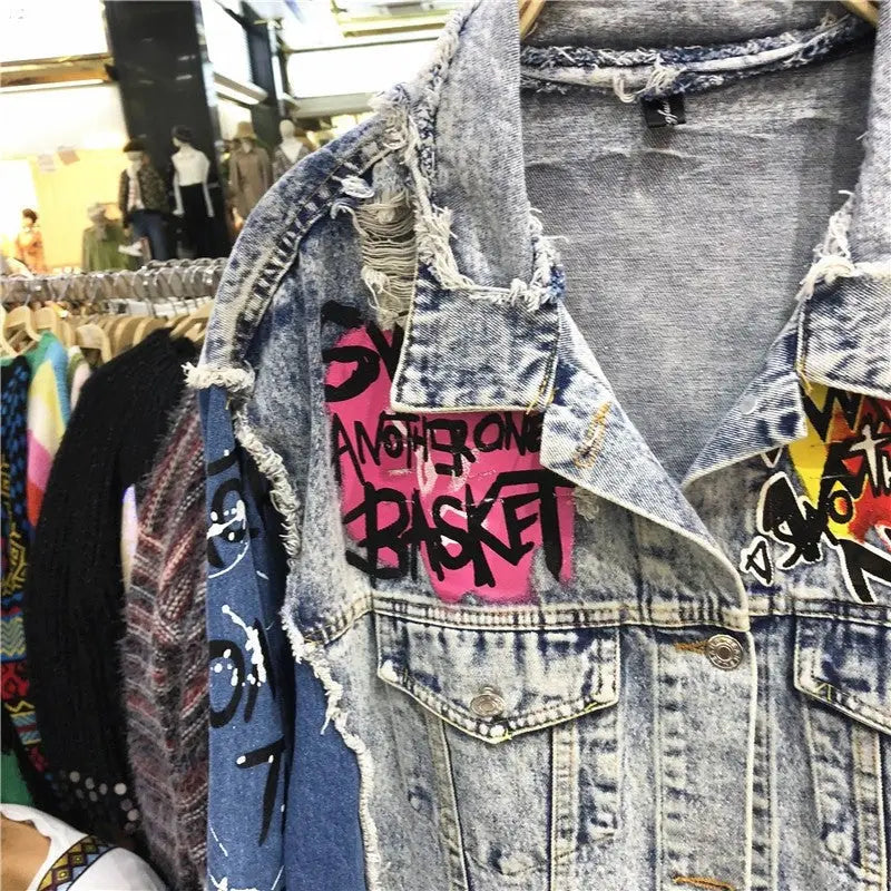 Graffiti Cartoon Punk Denim Jacket Cotton Spandex
