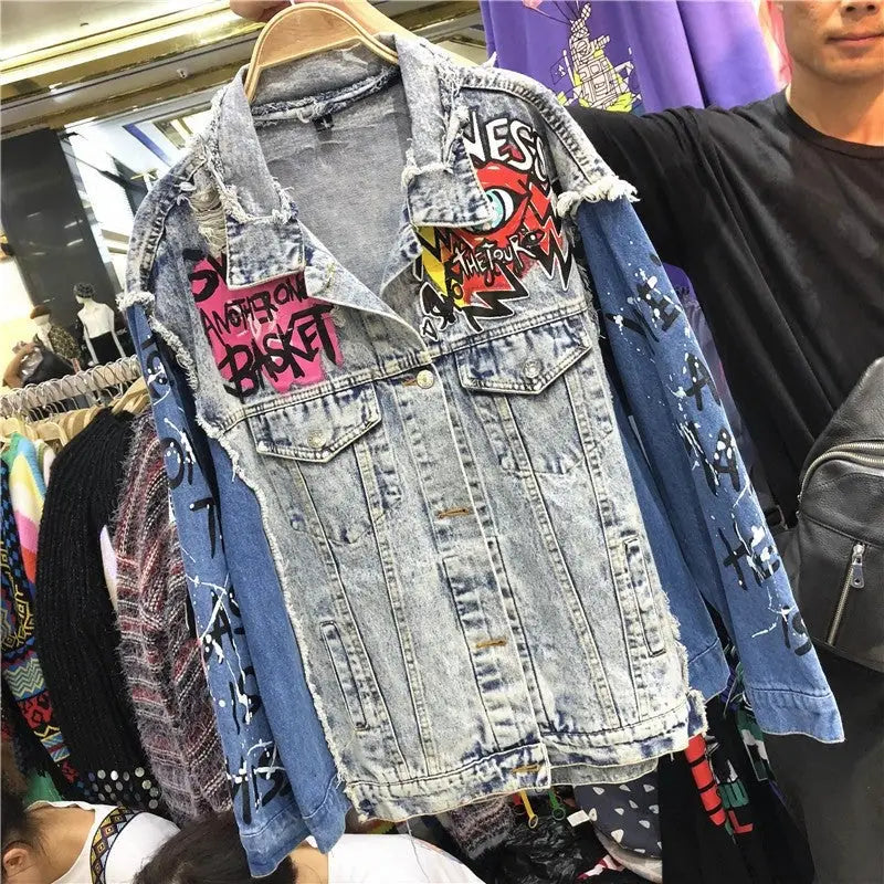Graffiti Cartoon Punk Denim Jacket Cotton Spandex