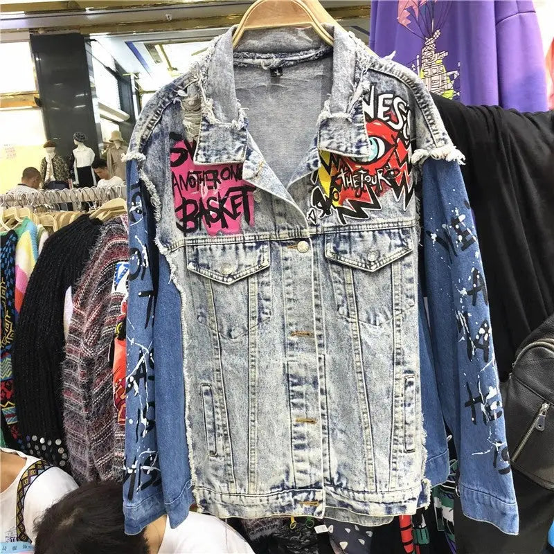 Graffiti Cartoon Punk Denim Jacket Cotton Spandex