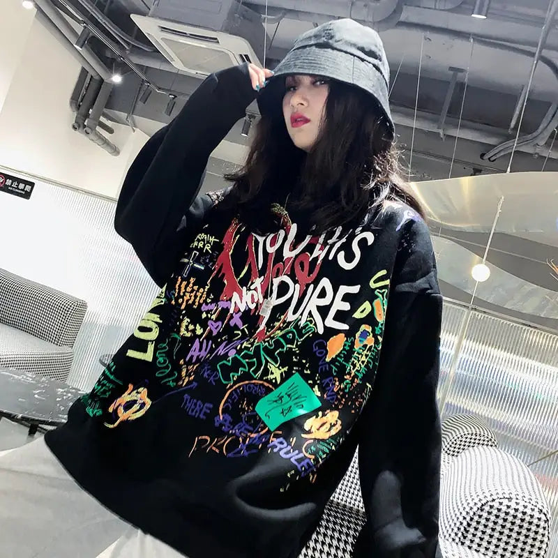 Graffiti Color Explosion Oversize Cotton Sweatshirt Black