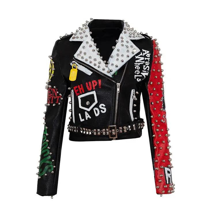 Graffiti Print Motorcycle PU leather Jacket - Black / S