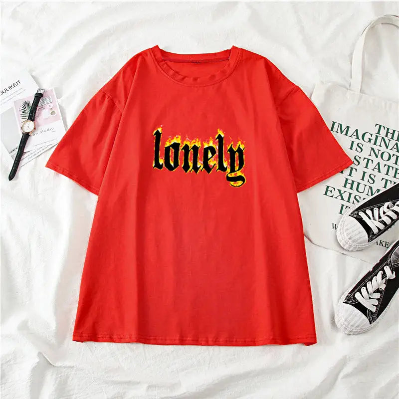 Graphic Cotton Feeling Lonely T-Shirt for Everyday Wear Red