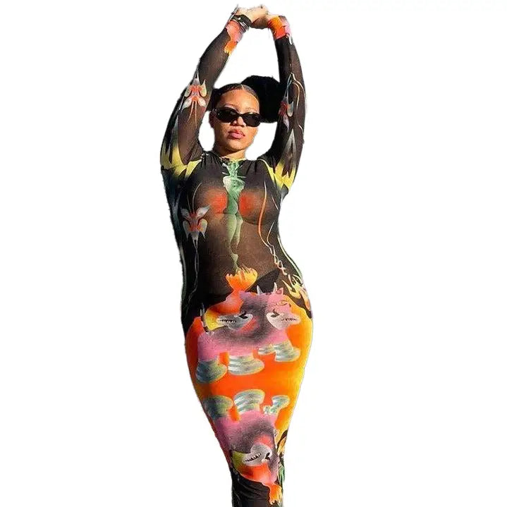 Graphic Printed Mesh Body-con Long Dress - Multicolored / S