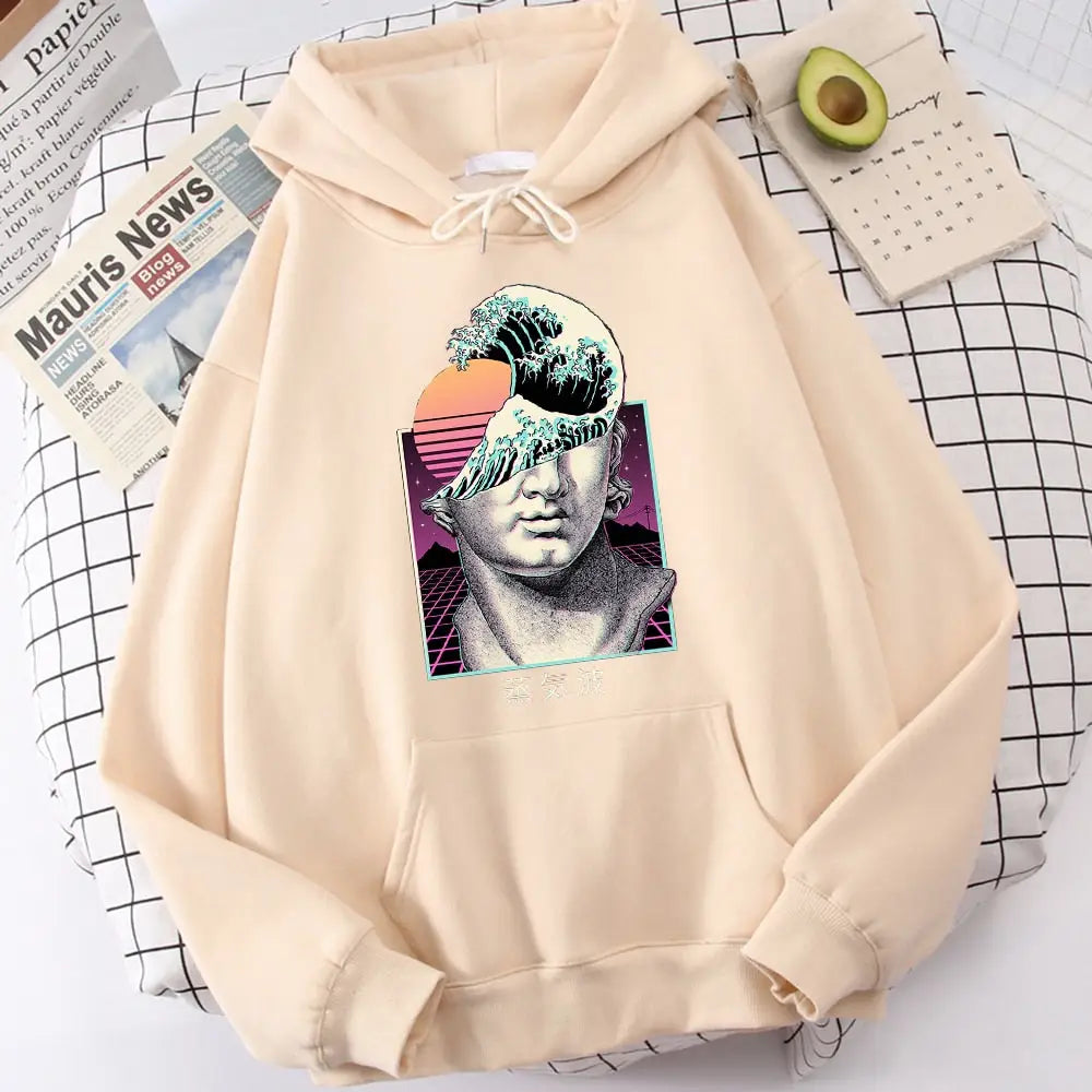 Great Wave Vaporwave Prints Hoodie - beige / S - Hoodies