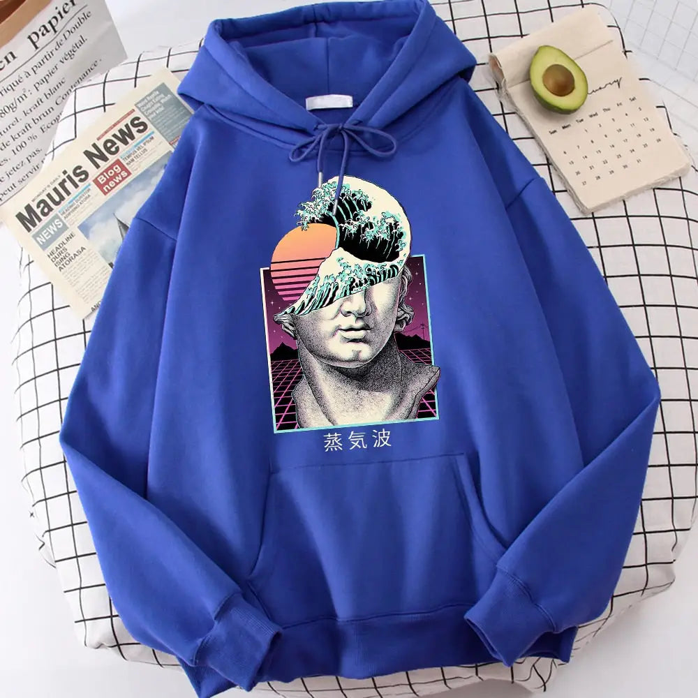 Great Wave Vaporwave Prints Hoodie - blue / S - Hoodies