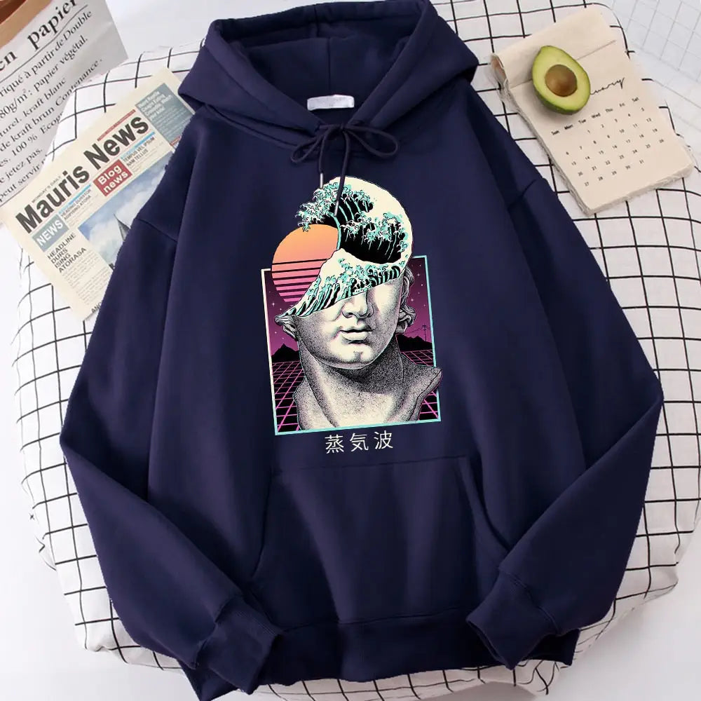 Great Wave Vaporwave Prints Hoodie - dark blue / S - Hoodies