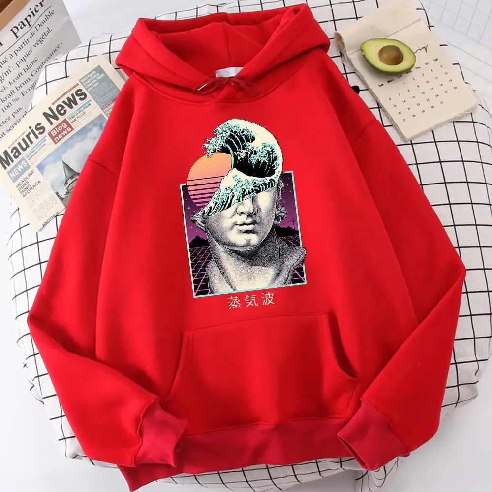 Great Wave Vaporwave Prints Hoodie - red / S - Hoodies