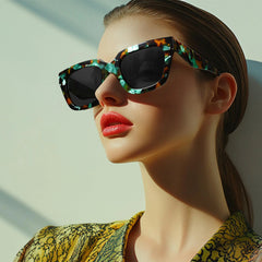 Green demi tortoiseshell sunglasses with bold acetate frame detail and UV400 polarized lenses.