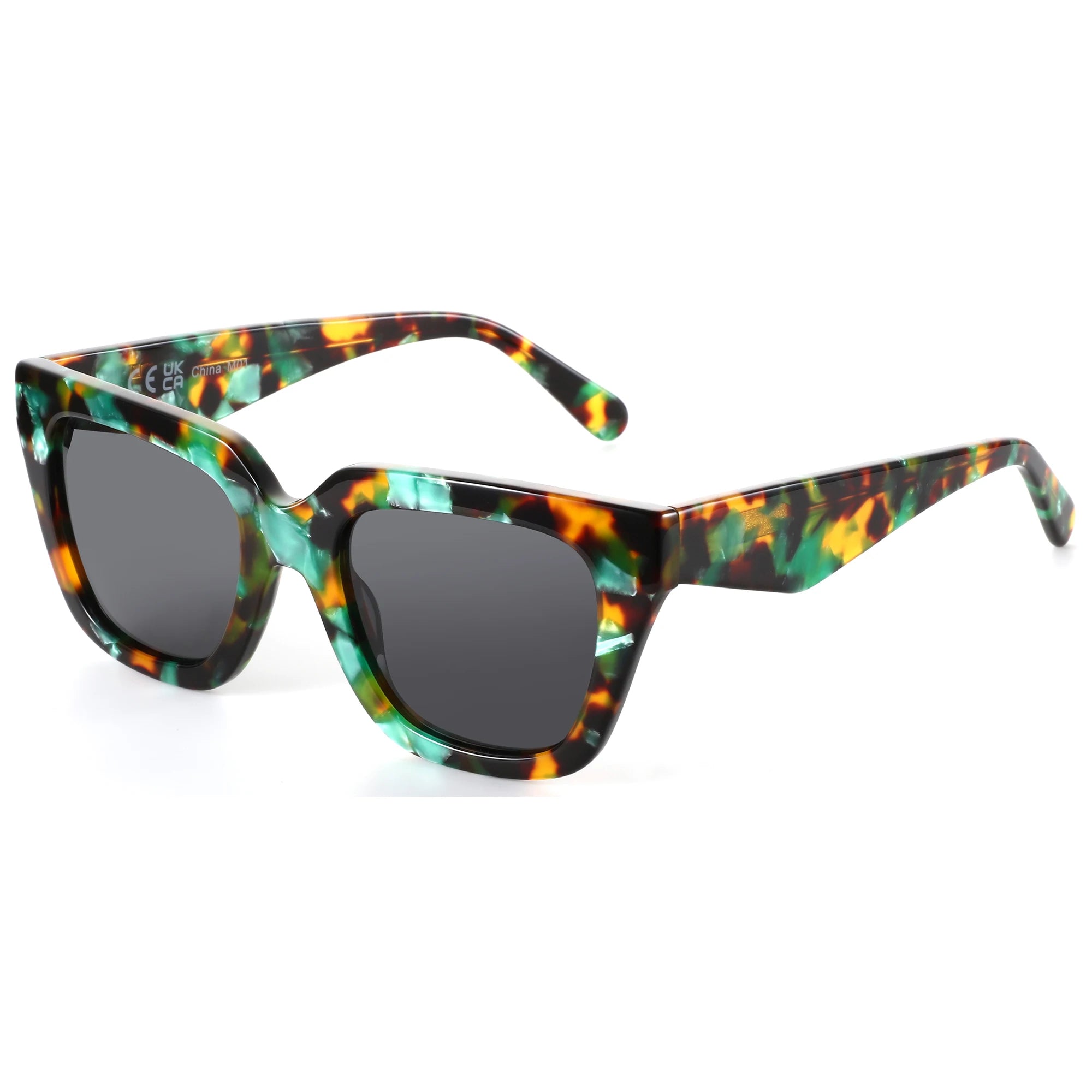 Green demi tortoiseshell sunglasses with polarized UV400 protection and bold acetate frame detail.