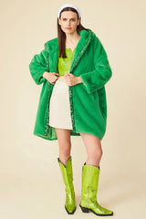 Green Faux Fur Sequins Trim Hooded Maxi Coat One Size