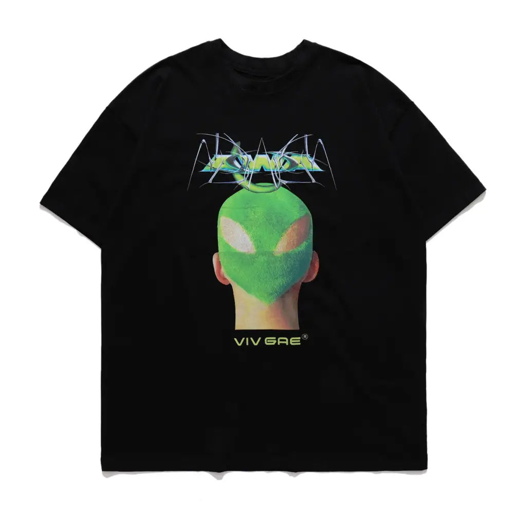 Green Hairstyle Print Hip Hop Relaxed Fit T-Shirt - Black