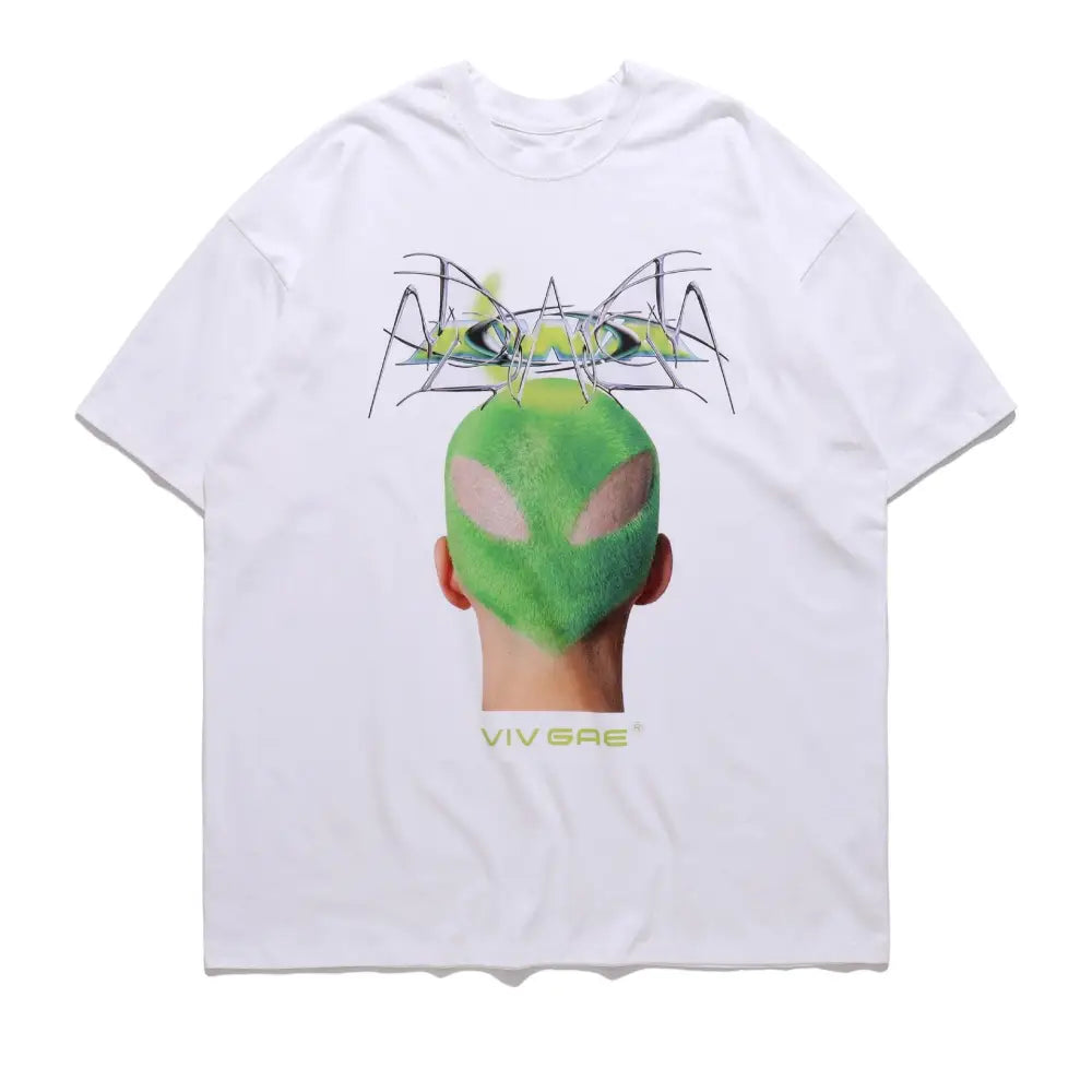 Green Hairstyle Print Hip Hop Relaxed Fit T-Shirt - White