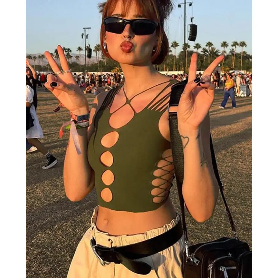 Green Hollow-Out Crop-Top - Army / S - crop top