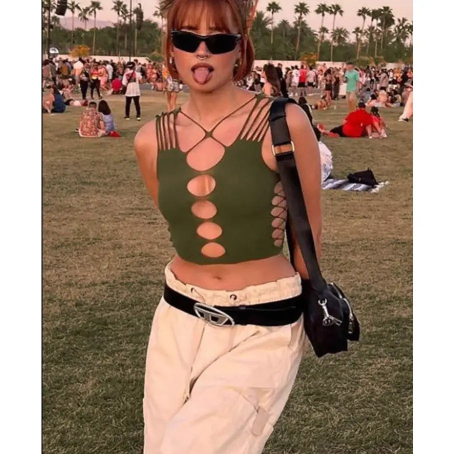 Green Hollow-Out Crop-Top