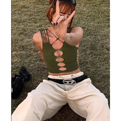 Green Hollow-Out Crop-Top for Women