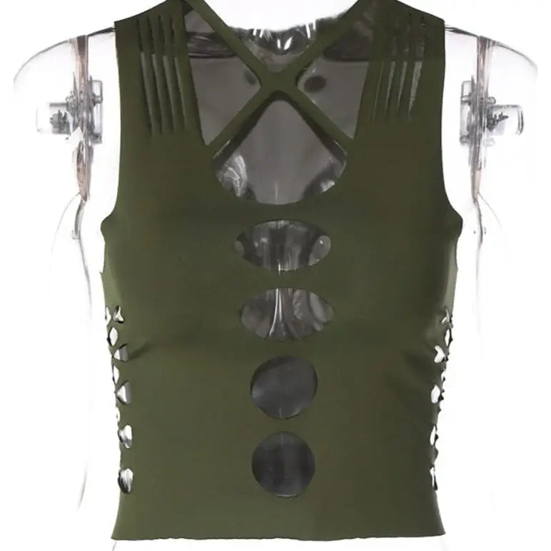 Green Hollow-Out Crop-Top for Women