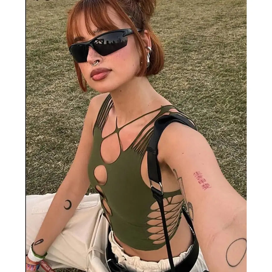 Green Hollow-Out Crop-Top for Women
