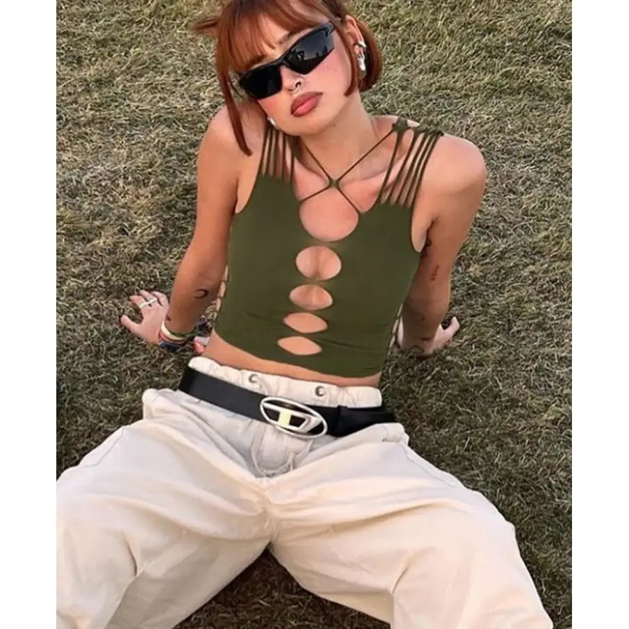 Green Hollow-Out Crop-Top for Women