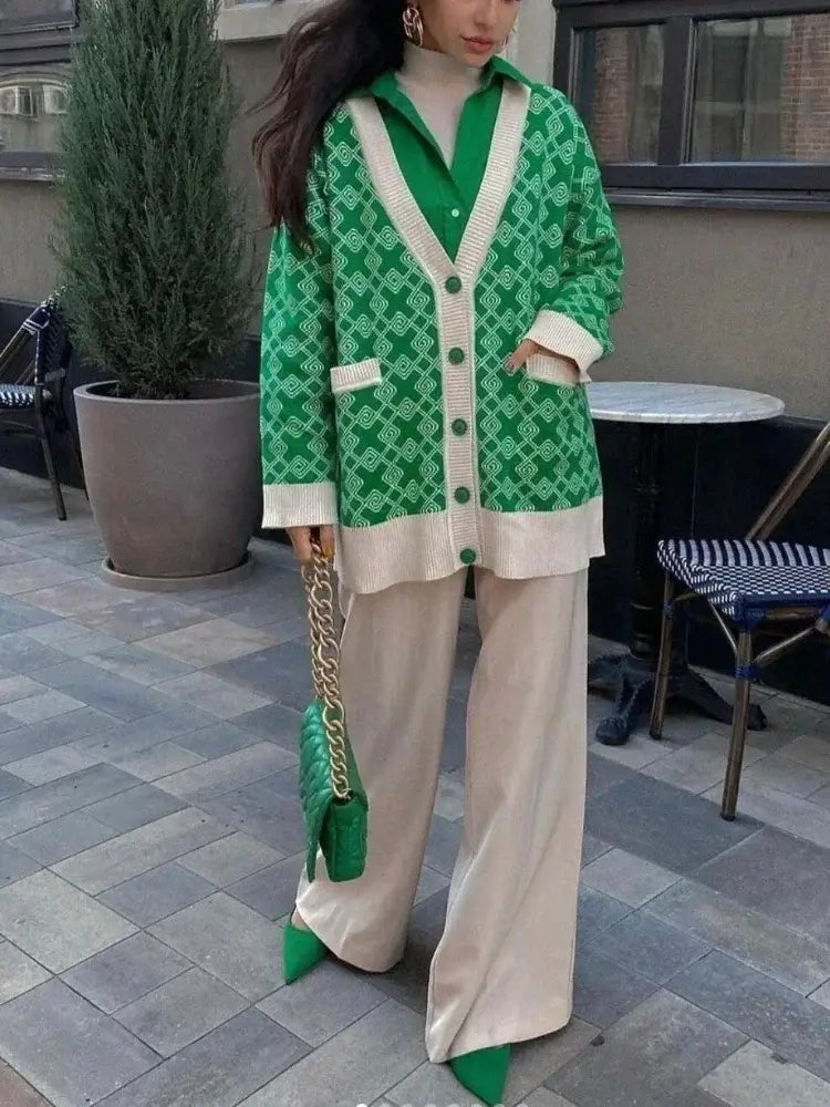Woman wearing Knitted Oversized V Neck Long Sleeve Cardigan with green pattern outdoors