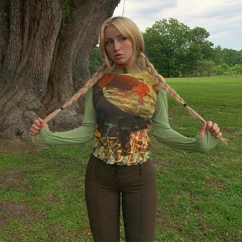 Green Mesh Long Sleeve Blouse for Women