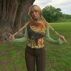 Green Mesh Long Sleeve Blouse for Women