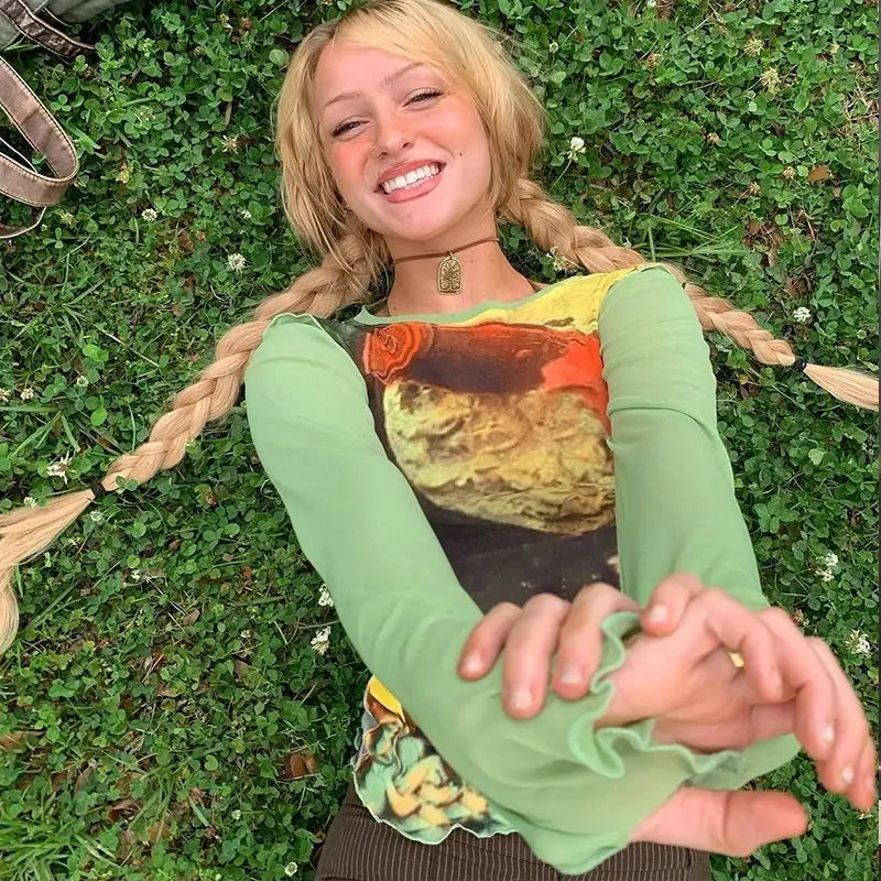 Green Mesh Long Sleeve Blouse for Women