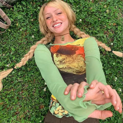 Green Mesh Long Sleeve Blouse for Women