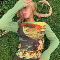 Green Mesh Long Sleeve Blouse for Women