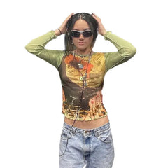 Green Mesh Long Sleeve Blouse for Women