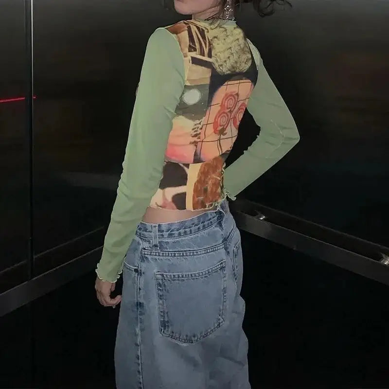 Green Mesh Long Sleeve Blouse for Women