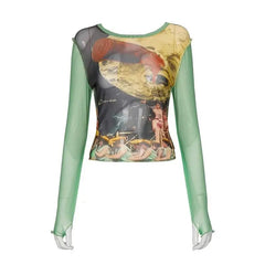 Green Mesh Long Sleeve Blouse for Women / S