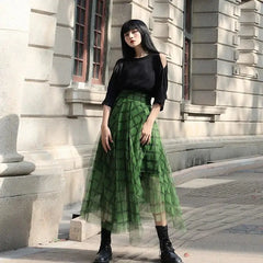Green Plaid Asymmetric Elastic Waist Mid-calf Skirt
