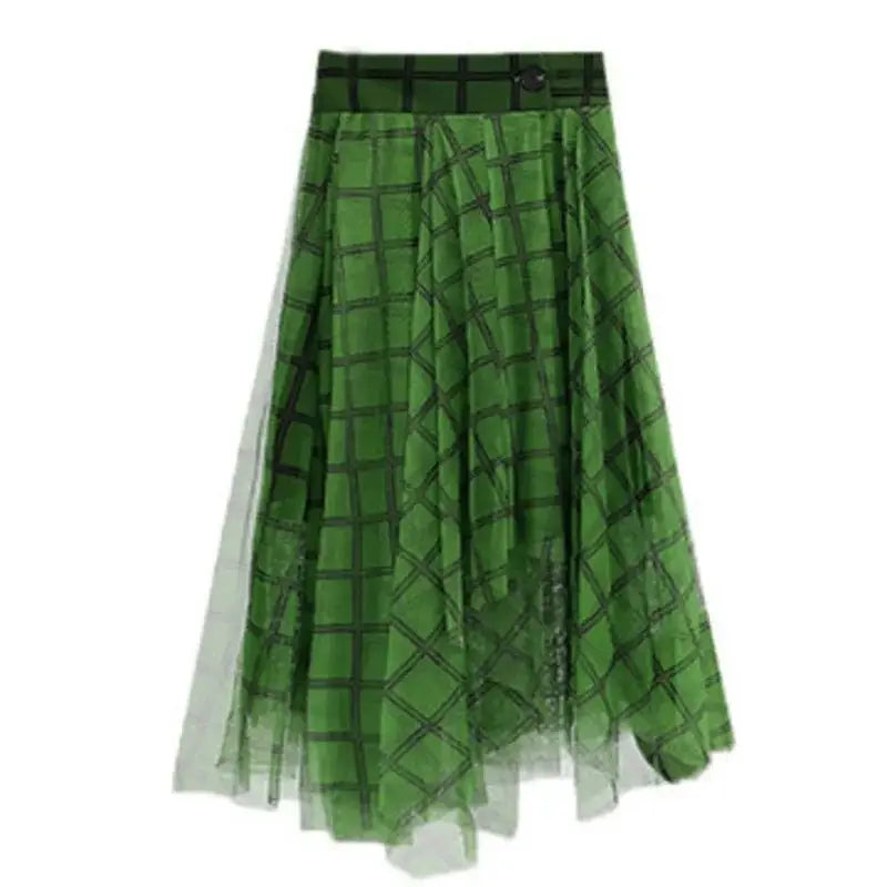 Green Plaid Asymmetric Elastic Waist Mid-calf Skirt