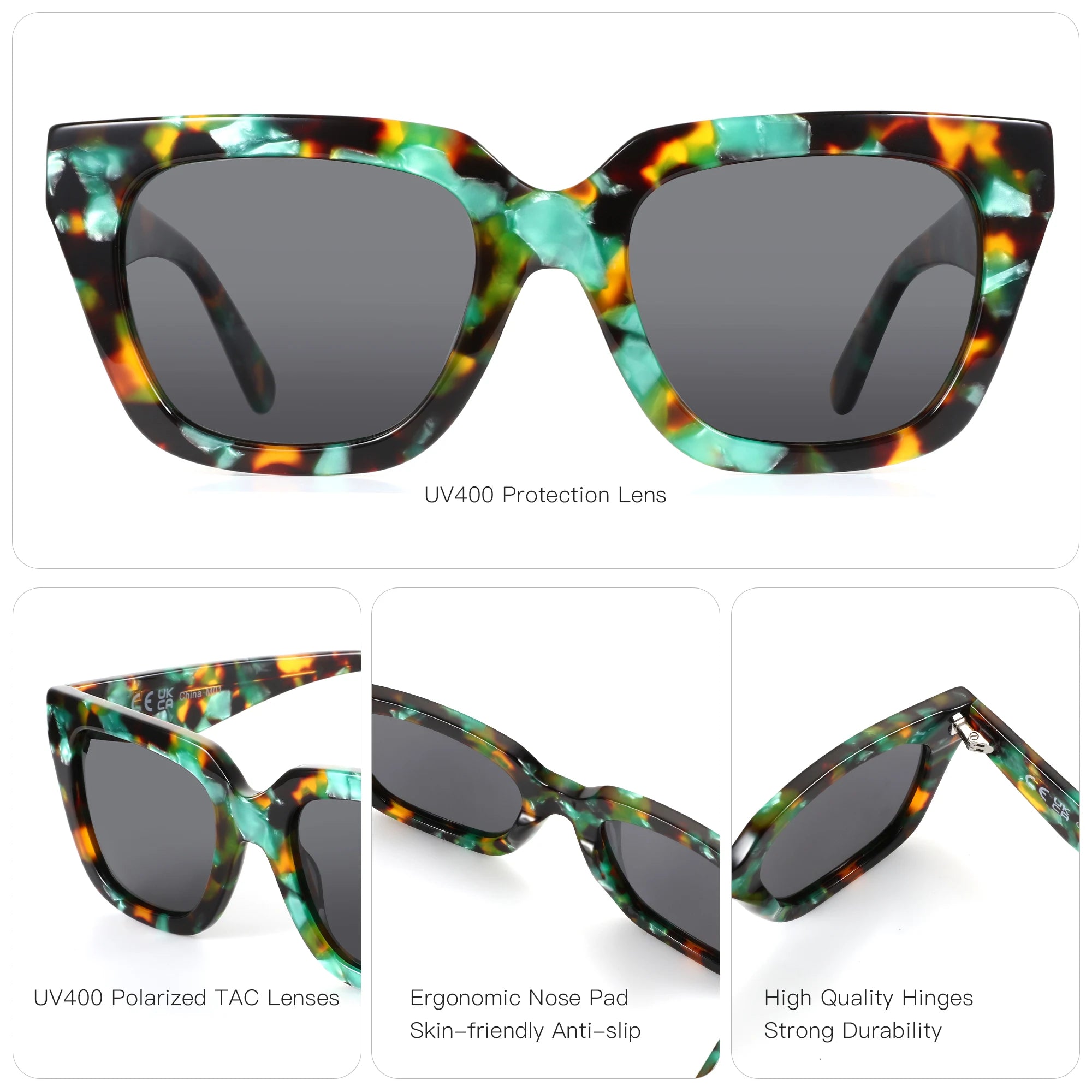 Green tortoiseshell sunglasses with bold acetate frame and UV400 polarized lenses, close up detail.