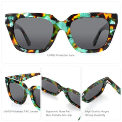 Green tortoiseshell sunglasses with bold acetate frame and UV400 polarized lenses, close up detail.